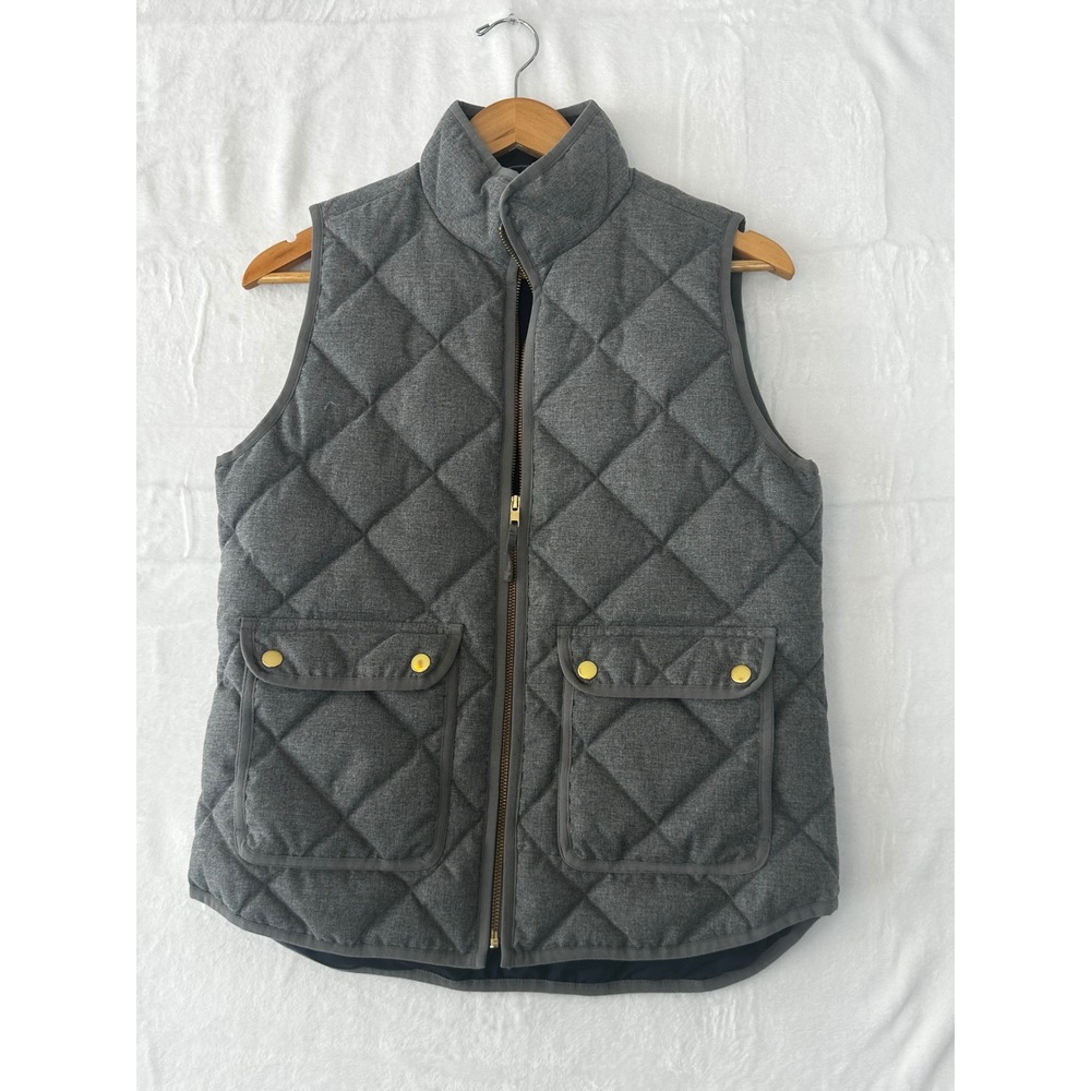 J Crew Quilted Vest Women Size S Gray Stand Collar Snap Pockets Full Zip LayerIn